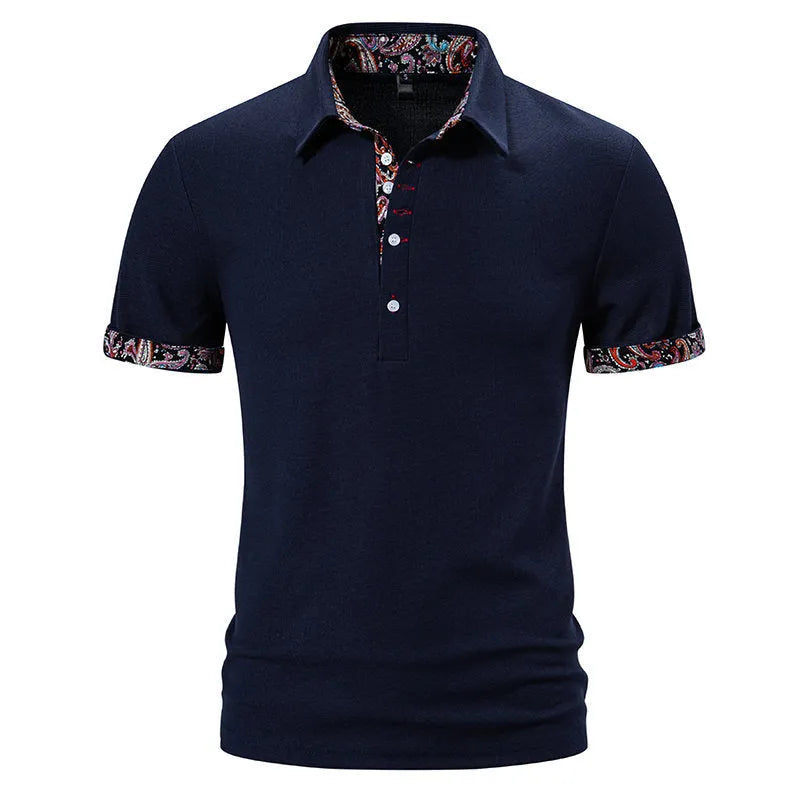 Men's navy blue polo shirt with colour stitching on the turnover collar and short sleeves.