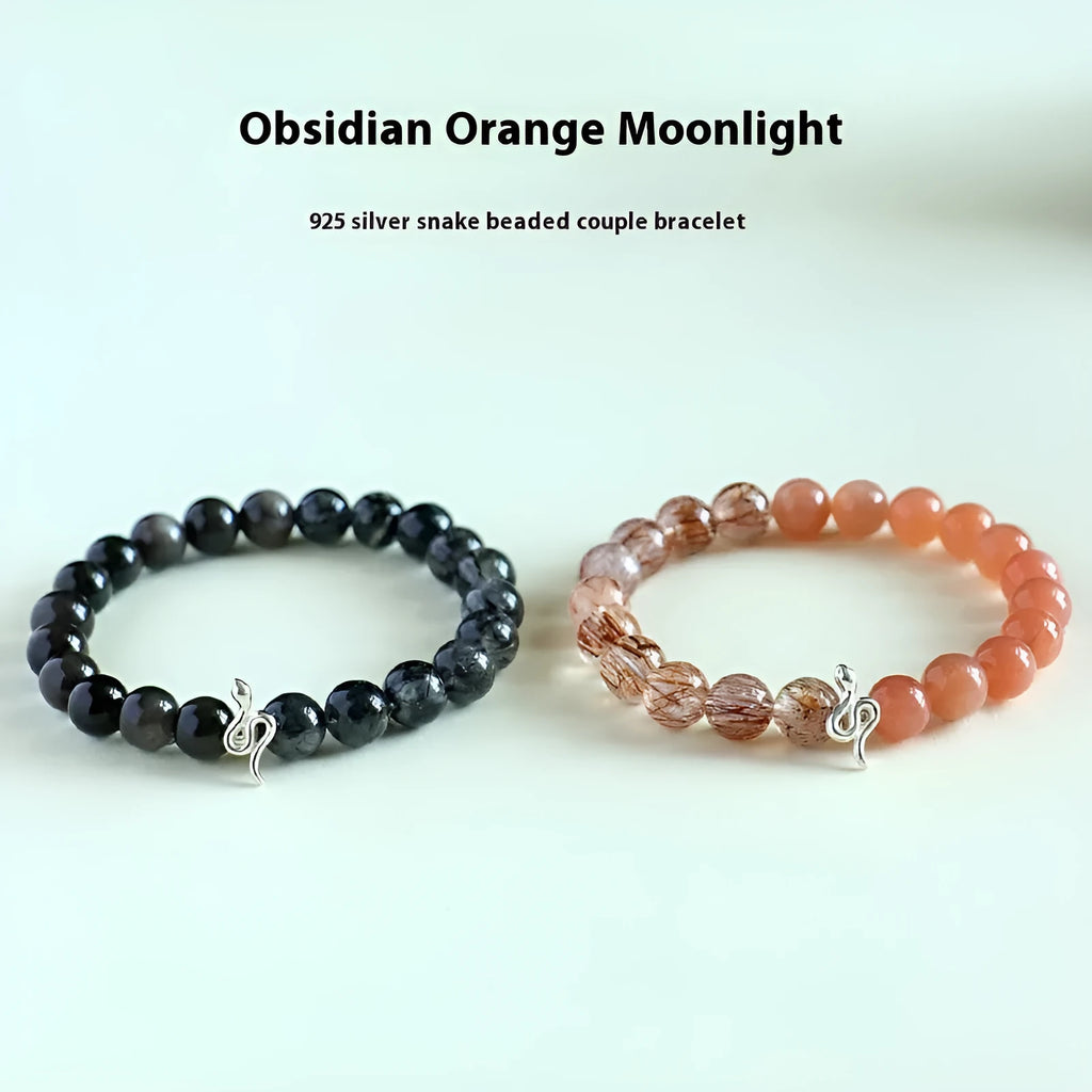 925 silver snake beaded bracelet with black hair crystal stone accents on white background