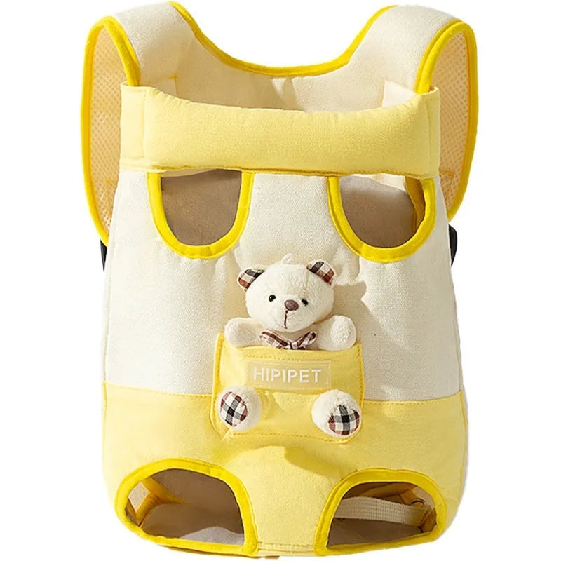 A cartoon-patterned canvas chest bag for pets with adjustable ribbon straps, shown in the Beka Yellow Bear design.