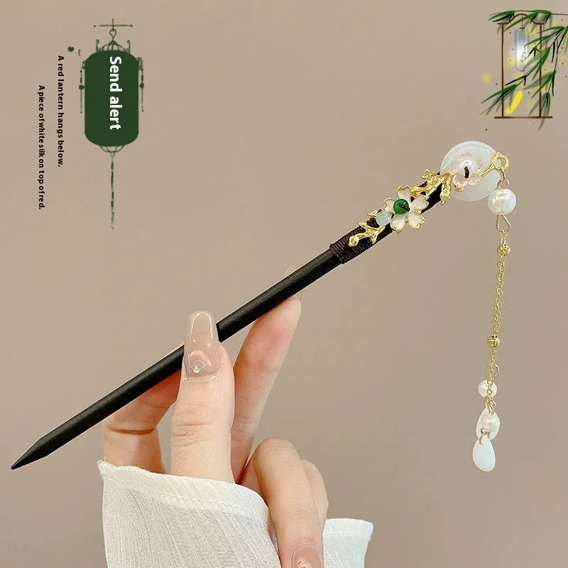 Chinese style ebony hairpin with electroplated alloy and floral ancient design