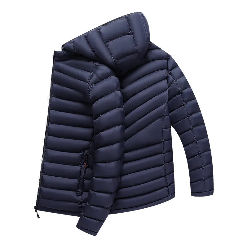 Men's lightweight down jacket with detachable hood in black, army green or blue with zippered pockets