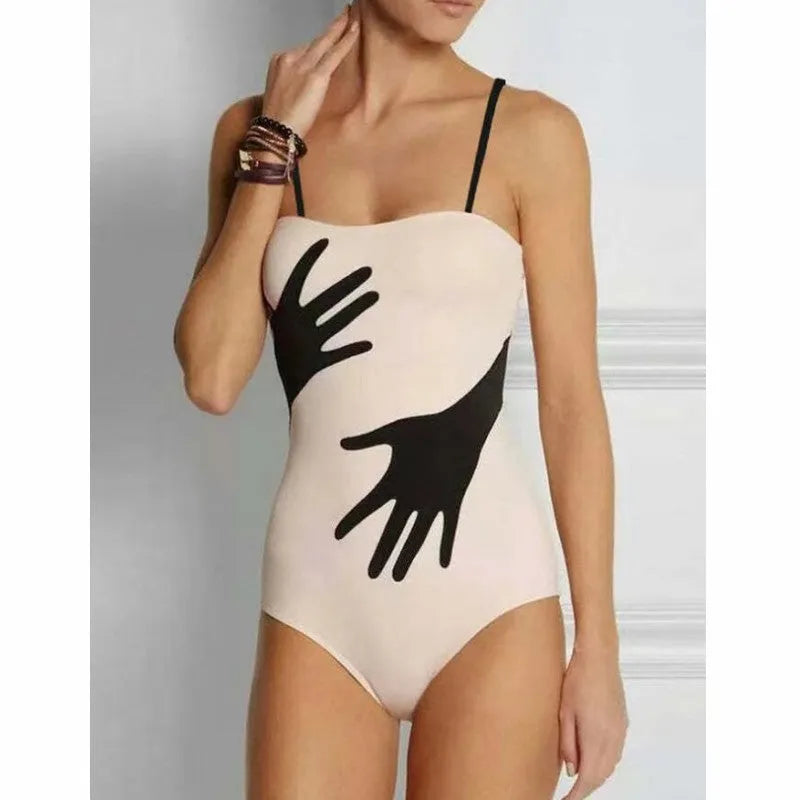 Women's one-piece bikini swimsuit with a gauze skirt in polyester fabric.