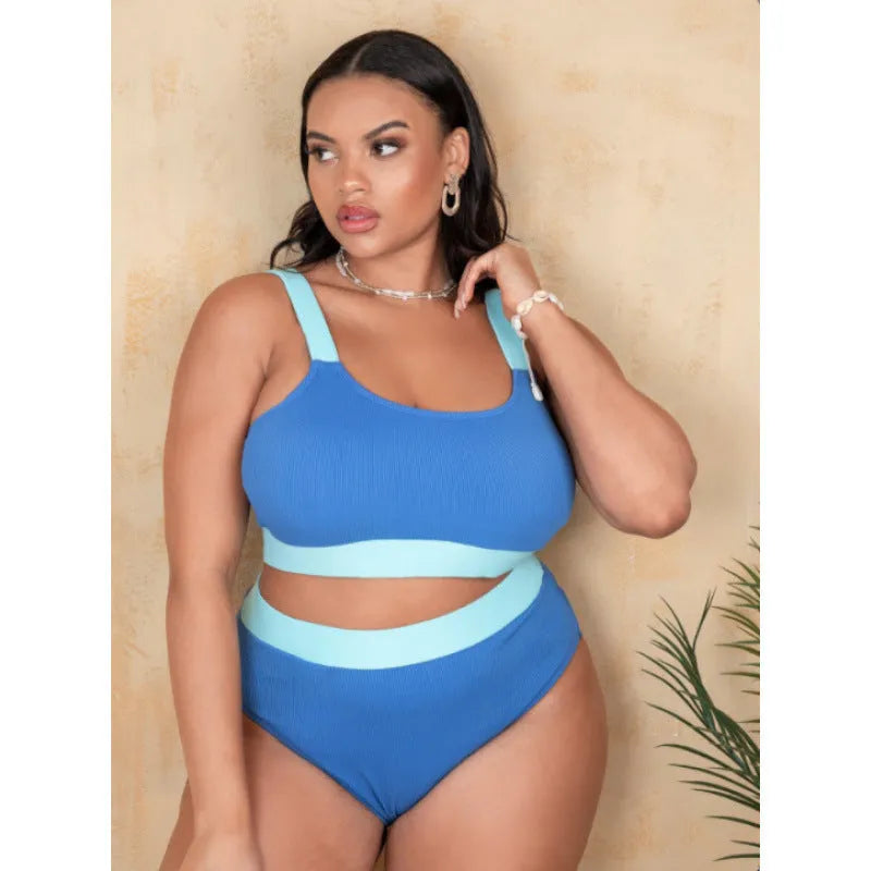 Women's solid colour high-waisted bikini set with split briefs on a white background.