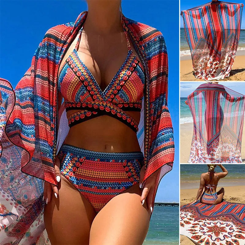 Women's three-piece swimsuit set showing high-waist cutout bottoms, sleeveless top, and coat in matching colour