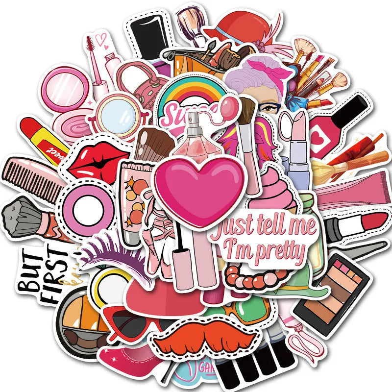 50 cartoon PVC waterproof stickers in assorted graffiti styles including astronaut, drink, and animal designs on a white background