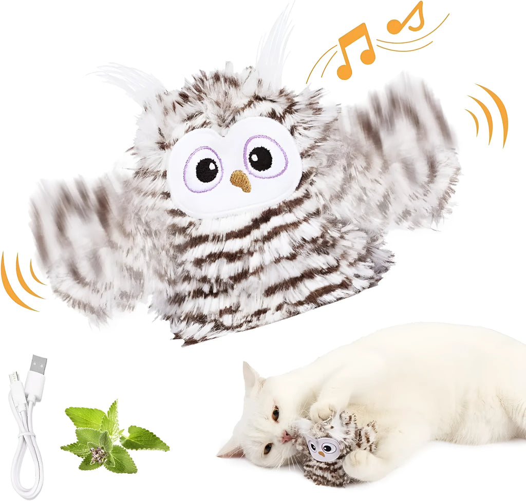 Grey automatic chirping owl cat toy with beating wings and electronic components