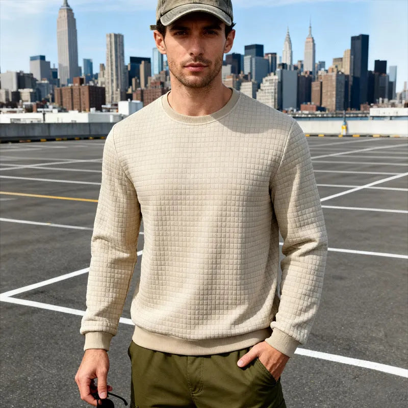 Loose casual men's simple sporty jacquard round-neck long-sleeved sweatshirt in solid colour