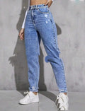 Women's casual ripped washed skinny jeans nine-part calf length high waist denim cotton blend medium stretch light blue