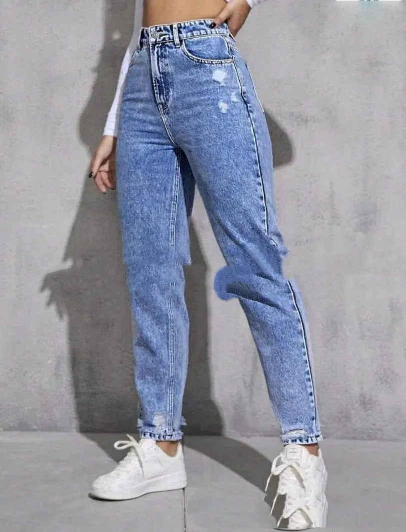Women's casual ripped washed skinny jeans nine-part calf length high waist denim cotton blend medium stretch light blue
