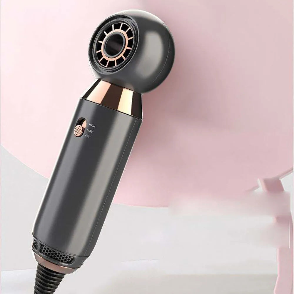 Leafless compact white hair dryer with diffuser attachment on a stand, showing its 20cm size.
