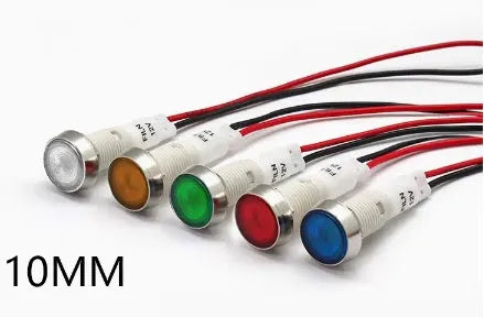 10mm stainless steel edge panel mount indicator light with wire, shown in multiple colour options.