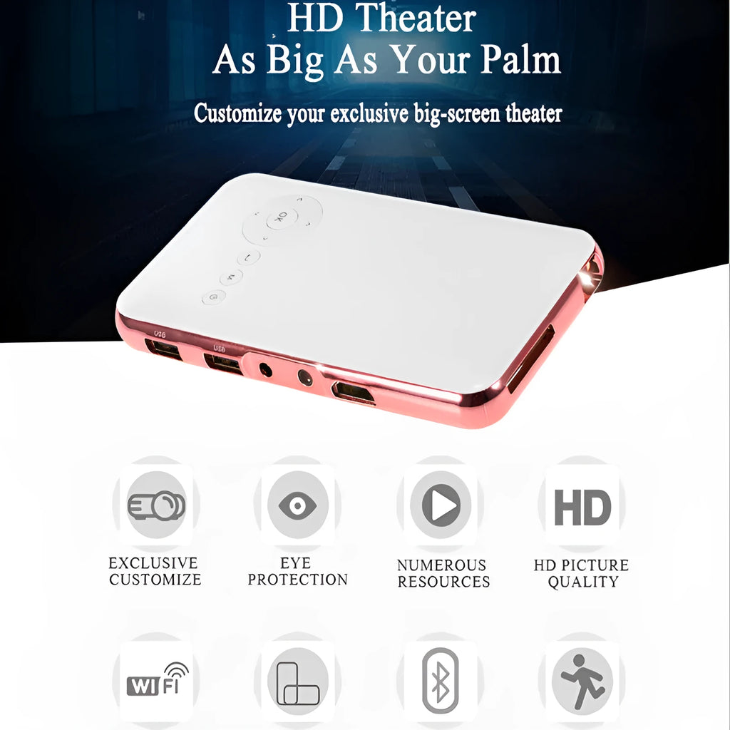 White and rose gold miniature DLP Android projector measuring 145mm wide with compact aluminium casing