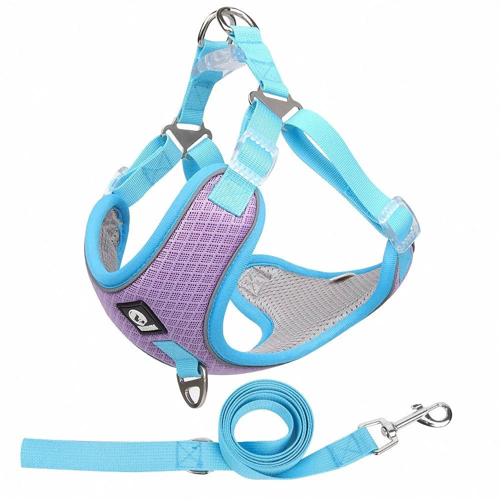 Adjustable breathable dog harness with reflective piping in black red grey light purple