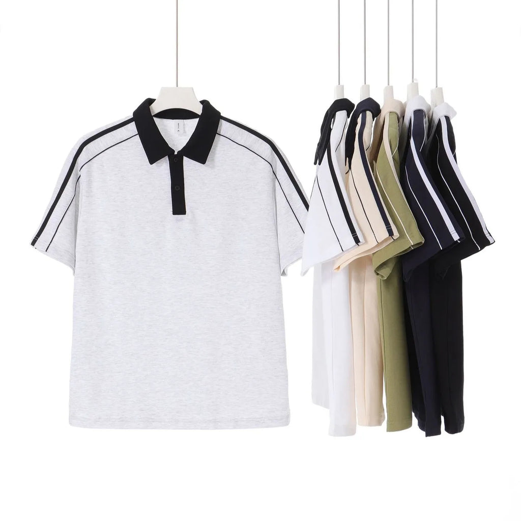 Casual lapel short sleeve T-shirt in cotton blend with loose drop shoulder fit, available in multiple colours